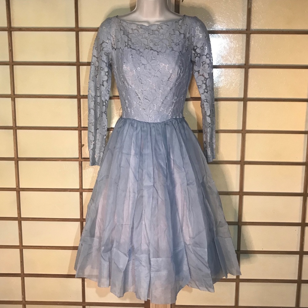 Vintage 50s blue lace chiffon party dress xs